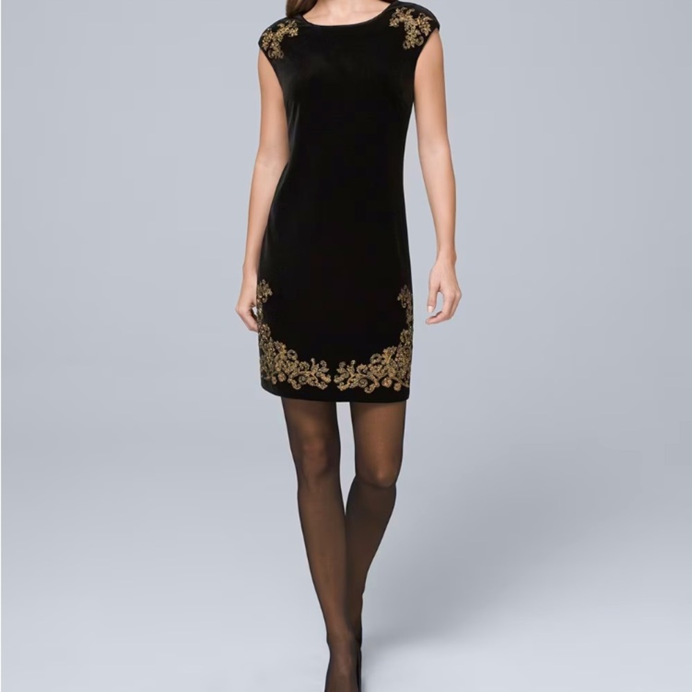 White House black market Embroidered Black Velvet Shift Dress size petite large